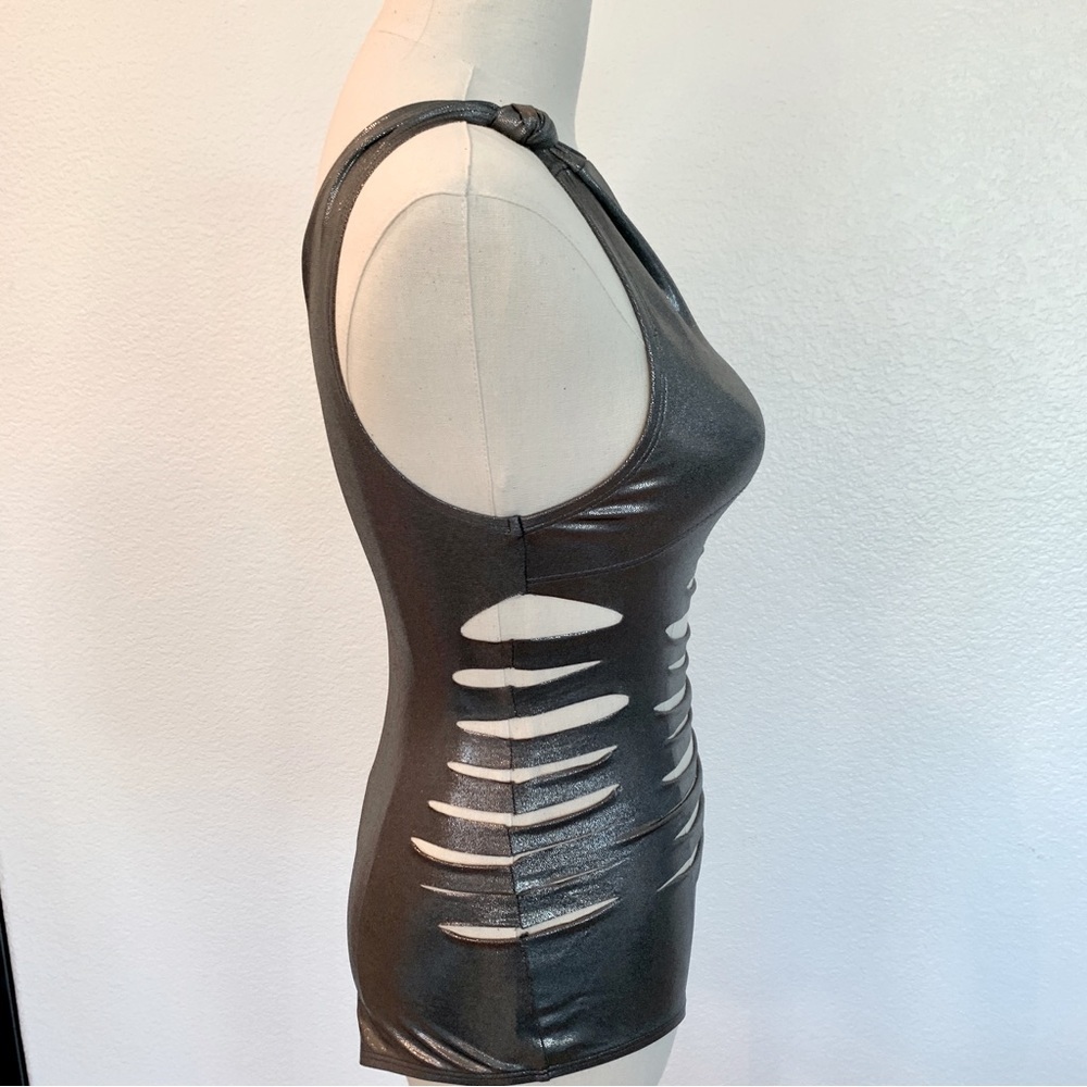 NWOT Sexy Silver Metallic Foil Shredded Cut-Out One-Piece One-Shoulder Swimsuit - Picture 5 of 11
